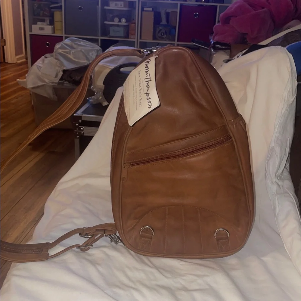 Norm Thompson Brown Leather Sling Shoulder Bag Converts to a Backpack with a Zip